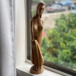 Mid-century modern hand carved seated woman wood statue sculpture